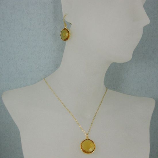 Wholesale Bezel Gemstone Round Pendant Necklace & Earrings-Gold Plated-Citrine Quartz (16-24")