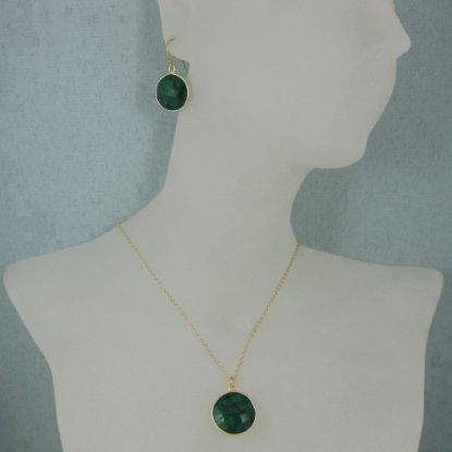 Wholesale Bezel Gemstone Round Pendant Necklace & Earrings-Gold Plated-Emerald Dyed (16-24")