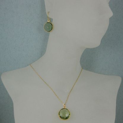 Wholesale Bezel Gemstone Round Pendant Necklace & Earrings-Gold Plated-Green Amethyst Quartz (16-24")