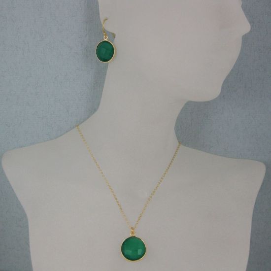 Wholesale Bezel Gemstone Round Pendant Necklace & Earrings-Gold Plated-Green Onyx (16-24")