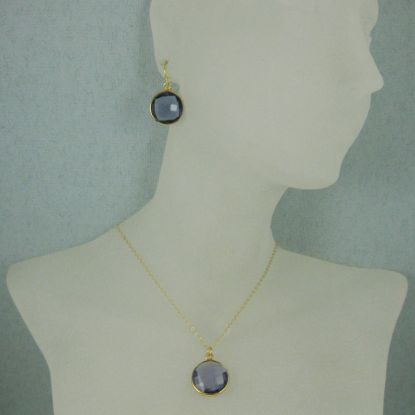Wholesale Bezel Gemstone Round Pendant Necklace & Earrings-Gold Plated-Iolite Quartz (16-24")