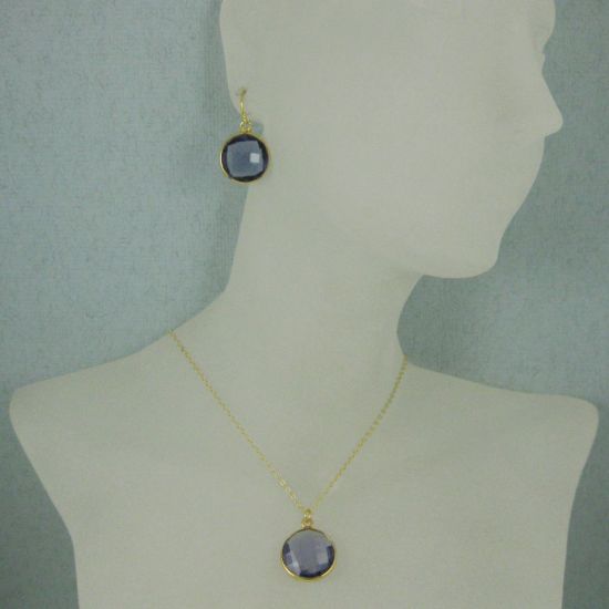 Wholesale Bezel Gemstone Round Pendant Necklace & Earrings-Gold Plated-Iolite Quartz (16-24")