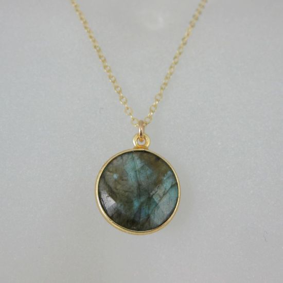 Wholesale Bezel Gemstone Round Pendant Necklace & Earrings-Gold Plated-Labradorite (16-24")