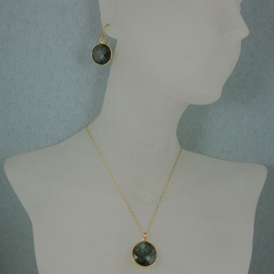 Wholesale Bezel Gemstone Round Pendant Necklace & Earrings-Gold Plated-Labradorite (16-24")