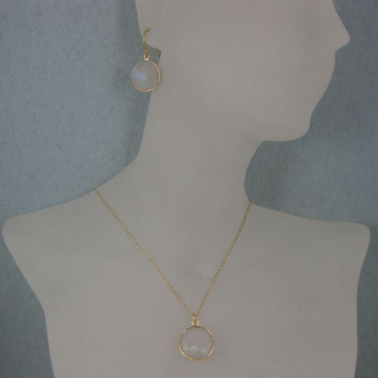 Wholesale Bezel Gemstone Round Pendant Necklace & Earrings-Gold Plated-Moonstone (16-24")
