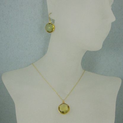 Wholesale Bezel Gemstone Round Pendant Necklace & Earrings-Gold Plated-Lemon Quartz (16-24")