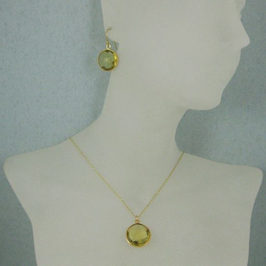 Wholesale Bezel Gemstone Round Pendant Necklace & Earrings-Gold Plated-Lemon Quartz (16-24")