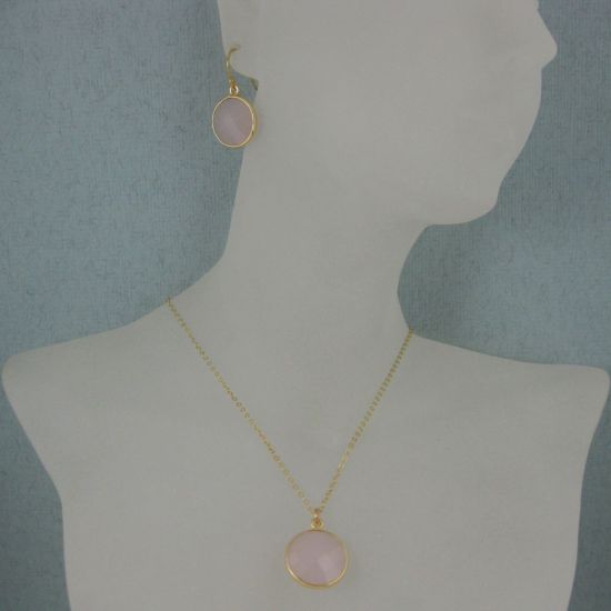 Wholesale ezel Gemstone Round Pendant Necklace & Earrings-Gold Plated-Pink Chalcedony (16-24")