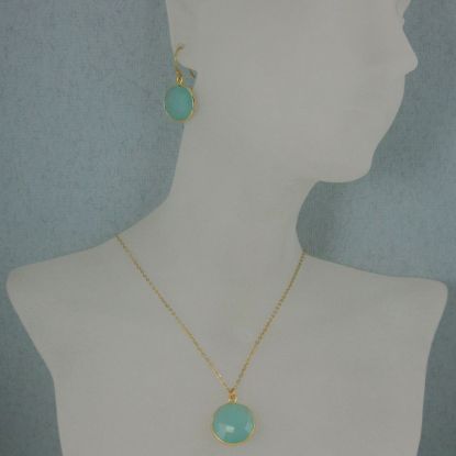Wholesale Bezel Gemstone Round Pendant Necklace & Earrings-Gold Plated-Peru Chalcedony (16-24")