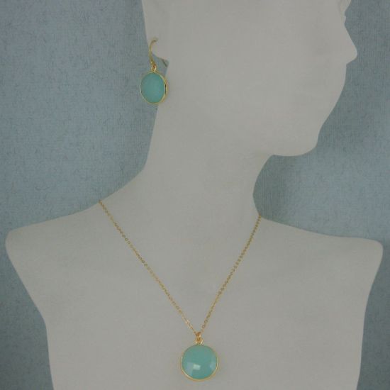 Wholesale Bezel Gemstone Round Pendant Necklace & Earrings-Gold Plated-Peru Chalcedony (16-24")