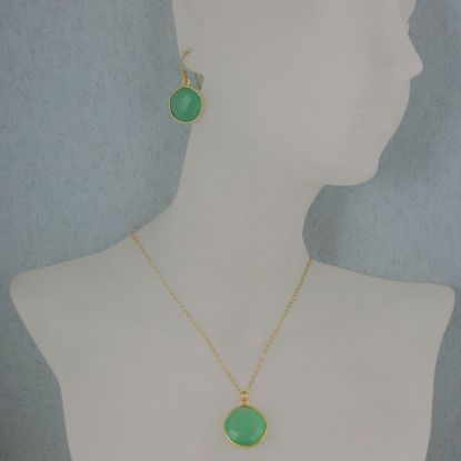 Wholesale Bezel Gemstone Round Pendant Necklace & Earrings-Gold Plated-Prenite Chalcedony (16-24")