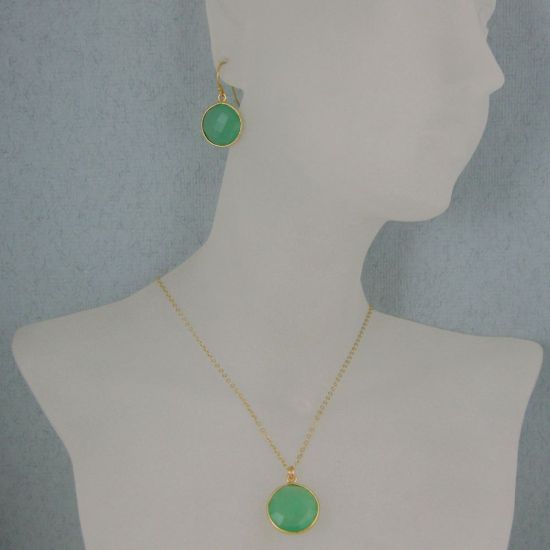 Wholesale Bezel Gemstone Round Pendant Necklace & Earrings-Gold Plated-Prenite Chalcedony (16-24")