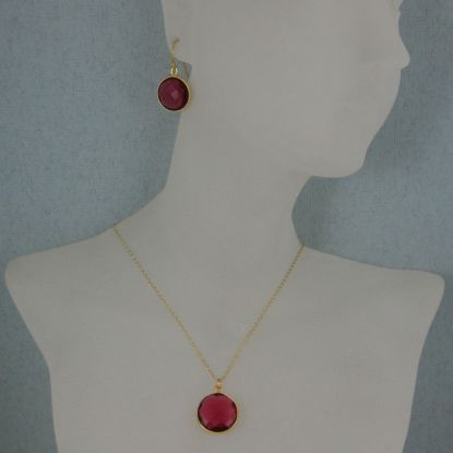 Wholesale Bezel Gemstone Round Pendant Necklace & Earrings-Gold Plated-Rubylite Quartz (16-24")