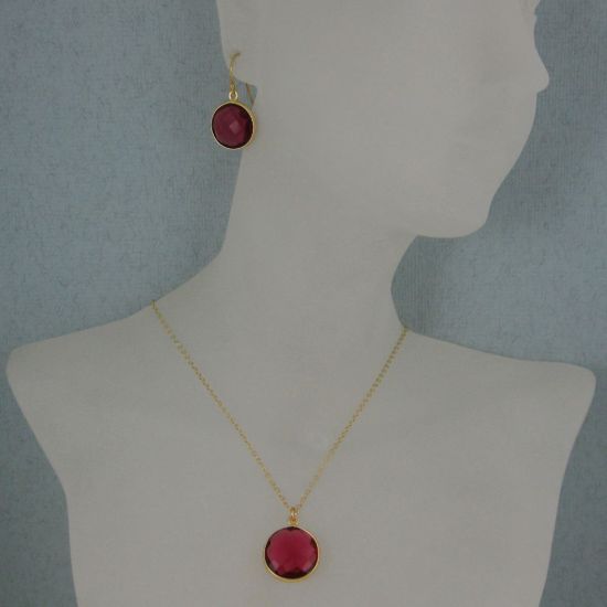 Wholesale Bezel Gemstone Round Pendant Necklace & Earrings-Gold Plated-Rubylite Quartz (16-24")