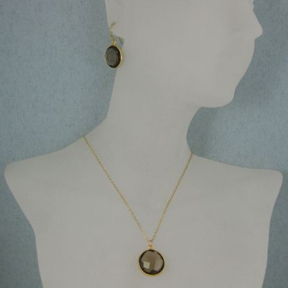 Wholesale Bezel Gemstone Round Pendant Necklace & Earrings-Gold Plated-Smoky Quartz (16-24")