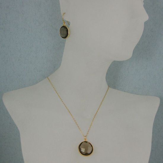 Wholesale Bezel Gemstone Round Pendant Necklace & Earrings-Gold Plated-Smoky Quartz (16-24")