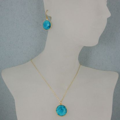 Wholesale Bezel Gemstone Round Pendant Necklace & Earrings-Gold Plated-Turquoise (16-24")
