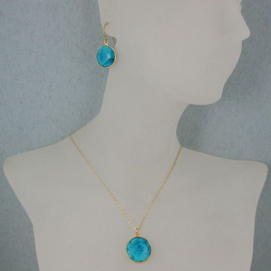 Wholesale Bezel Gemstone Round Pendant Necklace & Earrings-Gold Plated-Turquoise (16-24")