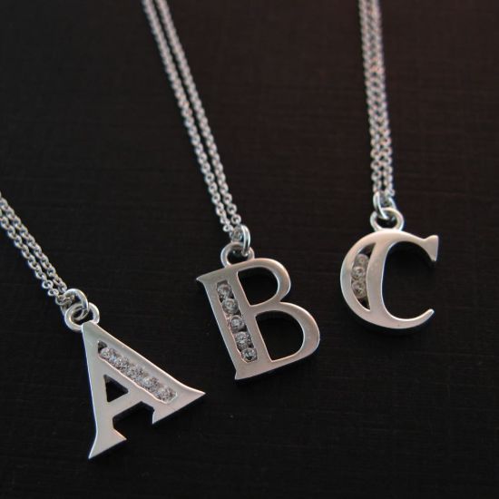 Wholesale Sterling Silver Letter CZ Charm Necklace (16-24 inch)
