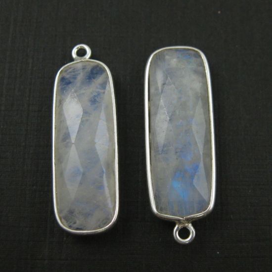 Wholesale Sterling Silver Bezel Charm Pendant - 34x11mm Elongated Rectangle Shape - Rainbow Moonstone - June Birthstone