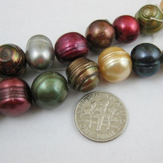 Wholesale Multi-Color Big Freshwater Pearl, 12-14mm Round Shape with Rings - June Birthstone (Sold Per Strand)
