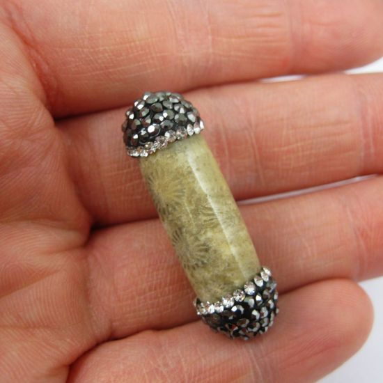 Wholesale Natural Coral Fossil Bead Connector with Zircon Pave Stone Tips (1 pc)