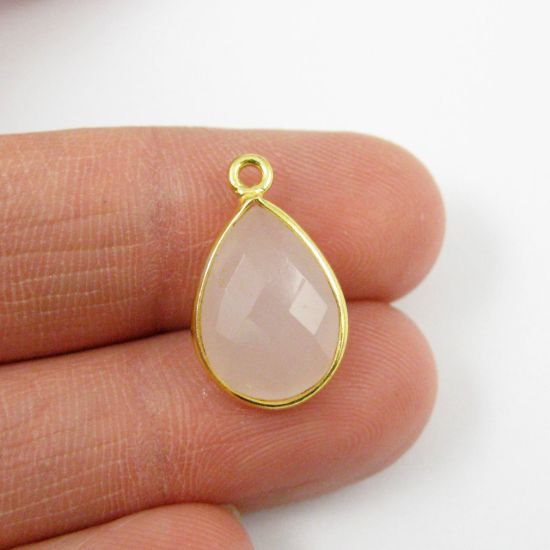 Wholesale Gold plated Sterling Silver Small Teardrop Bezel Pink Chalcedony Gemstone Pendant, Wholesale Gemstone Pendants for Jewelry Making