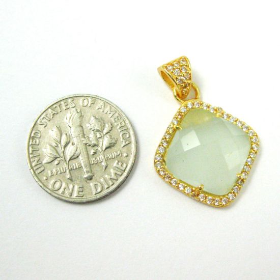 Wholesale Gold plated Sterling Silver Aqua Chalcedony Bezel Gemstone Diamond Shape Pave Pendant, Wholesale Gemstone Pendants for Jewelry Making