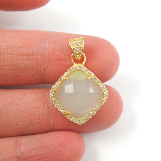 Wholesale Gold plated Sterling Silver Aqua Chalcedony Bezel Gemstone Diamond Shape Pave Pendant, Wholesale Gemstone Pendants for Jewelry Making