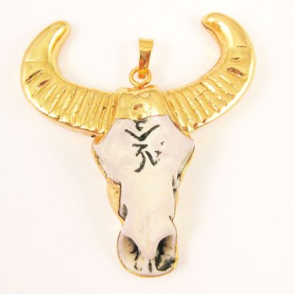 Wholesale Bull Skull Pendant, Natural Bone Skull Pendant, 24K Gold Edging, Tribal Cow Skull with Markings Pendant, Curved Horn Bone Skull- 51mm