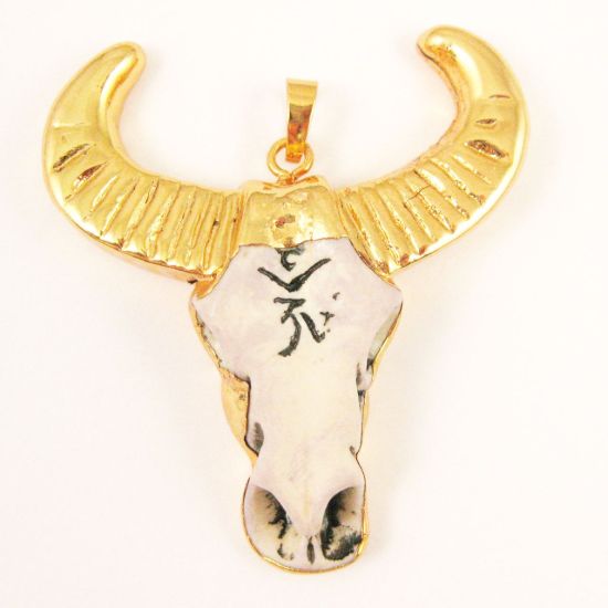 Wholesale Bull Skull Pendant, Natural Bone Skull Pendant, 24K Gold Edging, Tribal Cow Skull with Markings Pendant, Curved Horn Bone Skull- 51mm