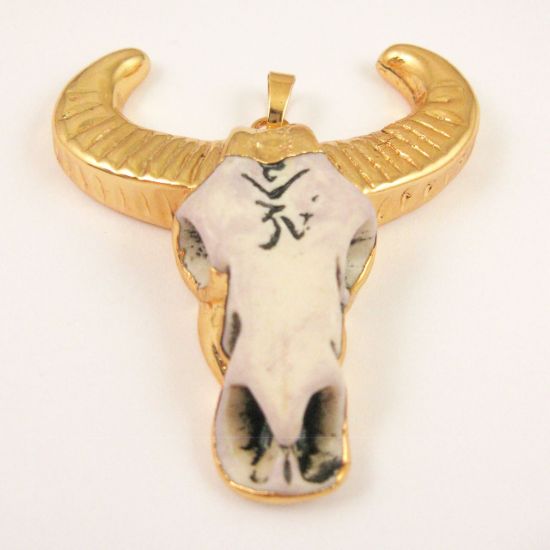 Wholesale Bull Skull Pendant, Natural Bone Skull Pendant, 24K Gold Edging, Tribal Cow Skull with Markings Pendant, Curved Horn Bone Skull- 51mm