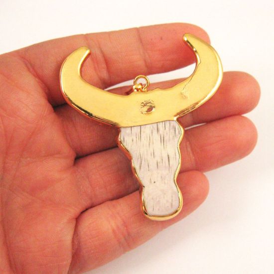 Wholesale Bull Skull Pendant, Natural Bone Skull Pendant, 24K Gold Edging, Tribal Cow Skull with Markings Pendant, Curved Horn Bone Skull- 51mm
