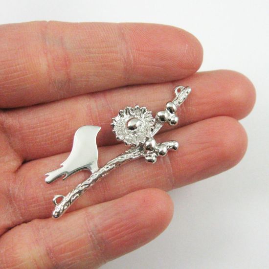 Wholesale Rhodium plated Sterling Silver Bird perched on a Branch with Nest and 1 Egg, Charms and Pendants for Jewelry Making, Wholesale Findings