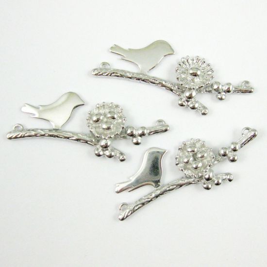 Wholesale Rhodium plated Sterling Silver Bird perched on a Branch with Nest and 4 Eggs, Charms and Pendants for Jewelry Making, Wholesale Findings