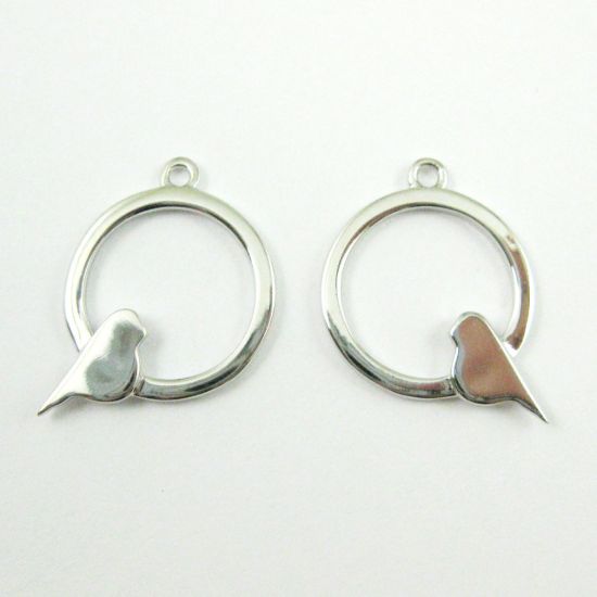 Wholesale Rhodium plated Sterling Silver Bird Perched in a Circle Charm, Charms and Pendants for Jewelry Making, Wholesale Findings