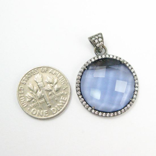 Wholesale Oxidized Sterling Silver Iolite Quartz Bezel Gemstone Round Pave Pendant, Wholesale Gemstone Pendants for Jewelry Making