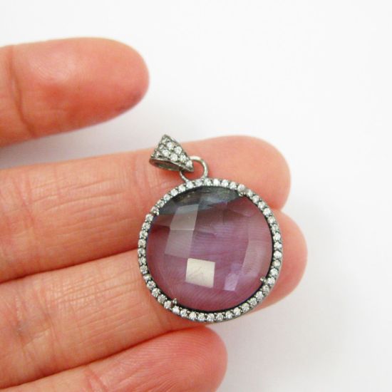 Wholesale Oxidized Sterling Silver Iolite Quartz Bezel Gemstone Round Pave Pendant, Wholesale Gemstone Pendants for Jewelry Making