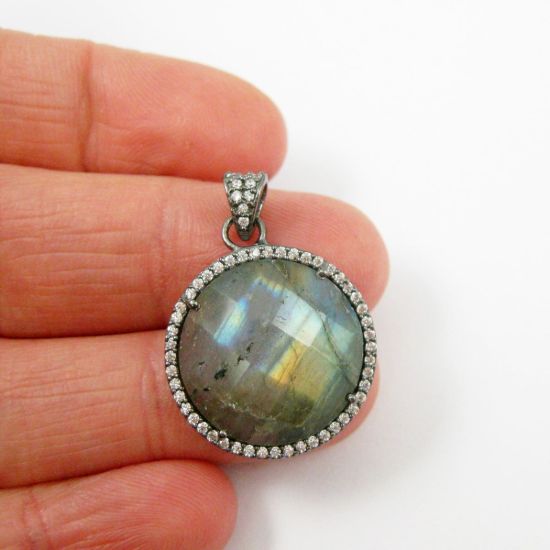 Wholesale Oxidized Sterling Silver Labradorite Bezel Gemstone Round Pave Pendant, Wholesale Gemstone Pendants for Jewelry Making