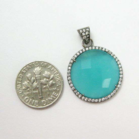 Wholesale Oxidized Sterling Silver Peru Chalcedony Bezel Gemstone Round Pave Pendant, Wholesale Gemstone Pendants for Jewelry Making