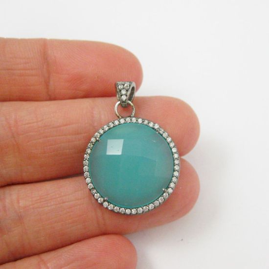 Wholesale Oxidized Sterling Silver Peru Chalcedony Bezel Gemstone Round Pave Pendant, Wholesale Gemstone Pendants for Jewelry Making