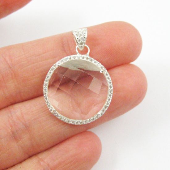 Wholesale Sterling Silver Crystal Quartz Bezel Gemstone Round Pave Pendant, Wholesale Gemstone Pendants for Jewelry Making