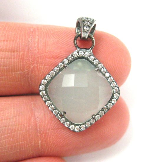 Wholesale Oxidized Sterling Silver Aqua Chalcedony Bezel Gemstone Diamond Shape Pave Pendant, Wholesale Gemstone Pendants for Jewelry Making