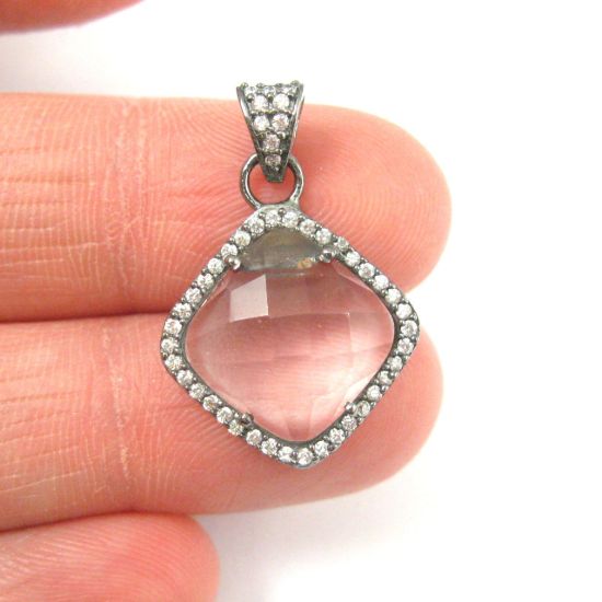 Wholesale Oxidized Sterling Silver Crystal Quartz Bezel Gemstone Diamond Shape Pave Pendant, Wholesale Gemstone Pendants for Jewelry Making