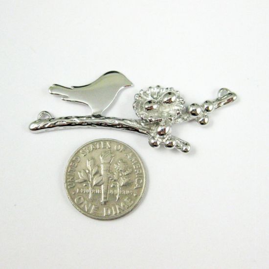Wholesale Rhodium plated Sterling Silver Bird perched on a Branch with Nest and 2 Eggs, Charms and Pendants for Jewelry Making, Wholesale Findings