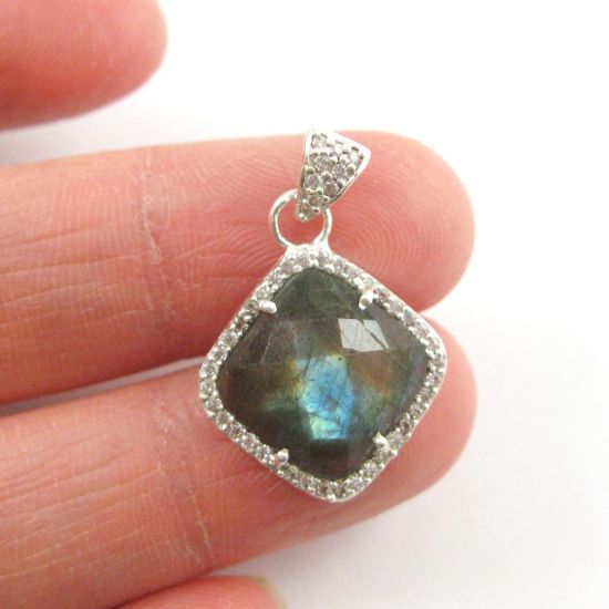 Wholesale Oxidized Sterling Silver Labradorite Bezel Gemstone Diamond Shape Pave Pendant, Wholesale Gemstone Pendants for Jewelry Making