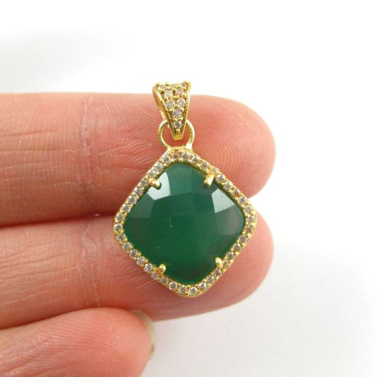 Wholesale Gold plated Sterling Silver Green Onyx Bezel Gemstone Diamond Shape Pave Pendant, Wholesale Gemstone Pendants for Jewelry Making