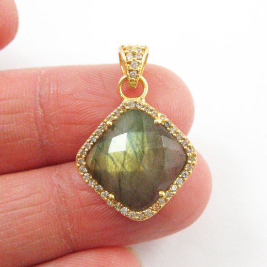 Wholesale Gold plated Sterling Silver Labradorite Bezel Gemstone Diamond Shape Pave Pendant, Wholesale Gemstone Pendants for Jewelry Making