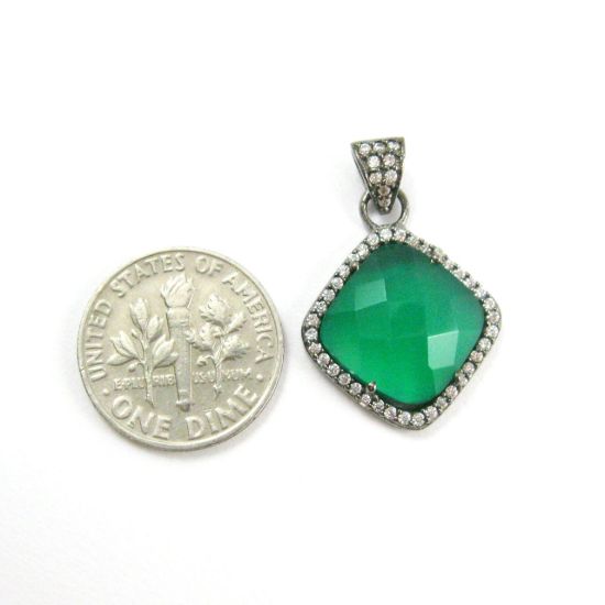 Wholesale Oxidized Sterling Silver Green Onyx Bezel Gemstone Diamond Shape Pave Pendant, Wholesale Gemstone Pendants for Jewelry Making