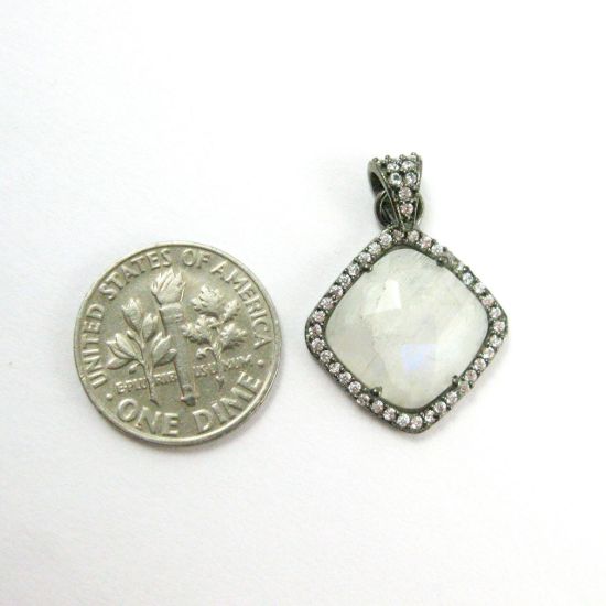 Wholesale Oxidized Sterling Silver Moonstone Bezel Gemstone Diamond Shape Pave Pendant, Wholesale Gemstone Pendants for Jewelry Making